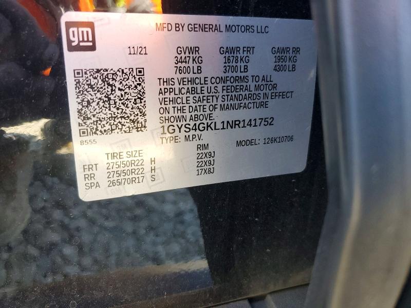 45653706 :رقم المزاد ، 1GYS4GKL1NR141752 vin ، 2022 Cadillac Escalade مزاد بيع