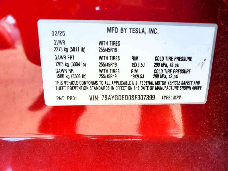 Aukcja sprzedaży 2025 Tesla Model Y, vin: 7SAYGDED0SF307399, numer aukcji: 41992446
