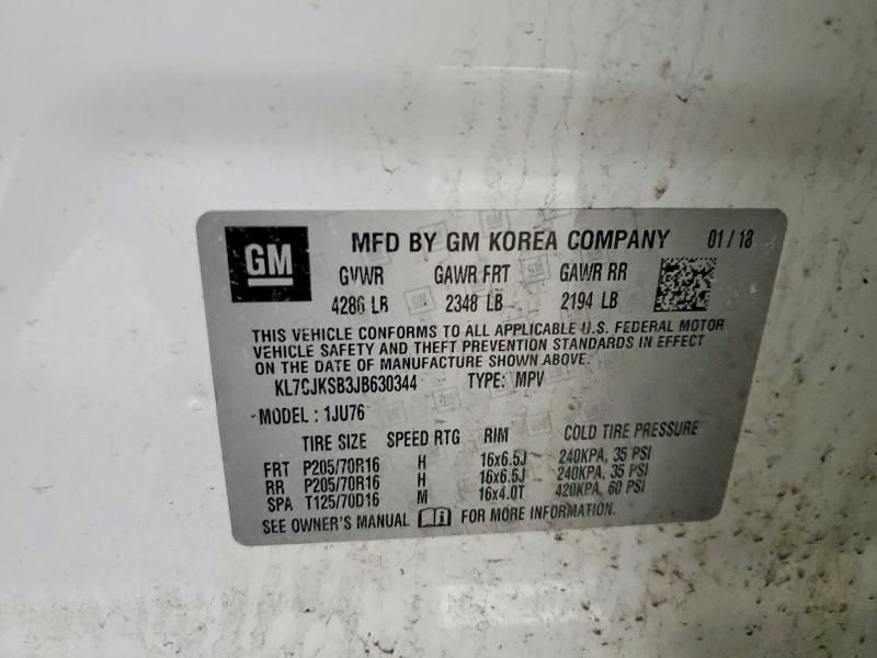 2018 Chevrolet Trax მანქანა იყიდება აუქციონზე, vin: KL7CJKSB3JB630344, აუქციონის ნომერი: 47459176