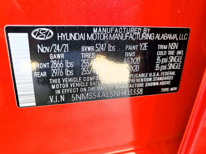 47657726 :رقم المزاد ، 5NMS54AL5NH413338 vin ، 2022 Hyundai Santa Fe مزاد بيع