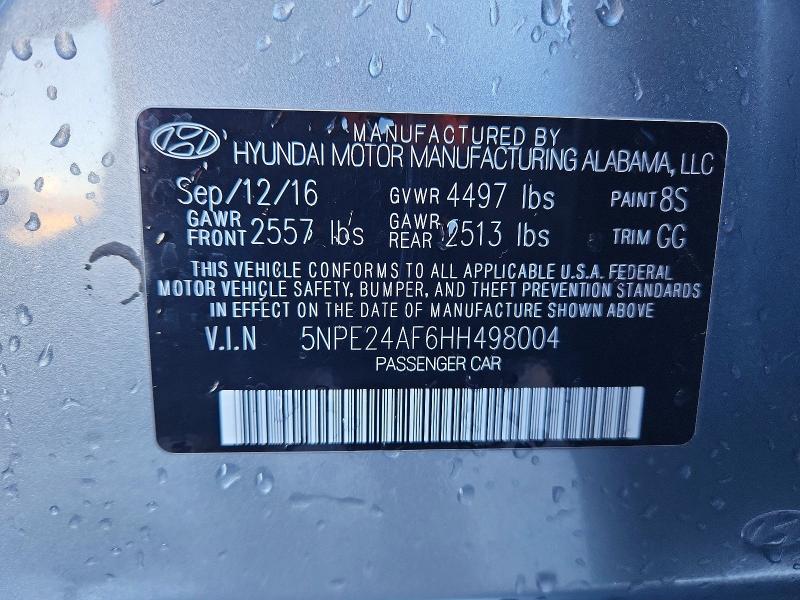 2017 Hyundai Sonata მანქანა იყიდება აუქციონზე, vin: 5NPE24AF6HH498004, აუქციონის ნომერი: 45642686