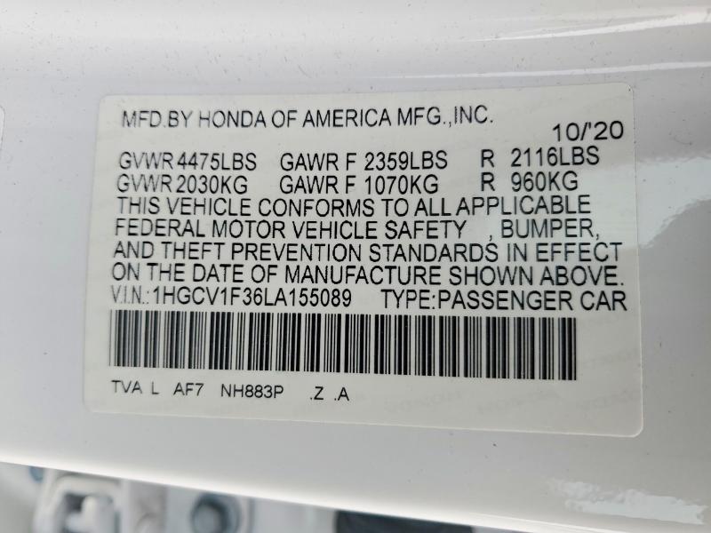 79815855 :رقم المزاد ، 1HGCV1F36LA155089 vin ، 2020 Honda Accord مزاد بيع