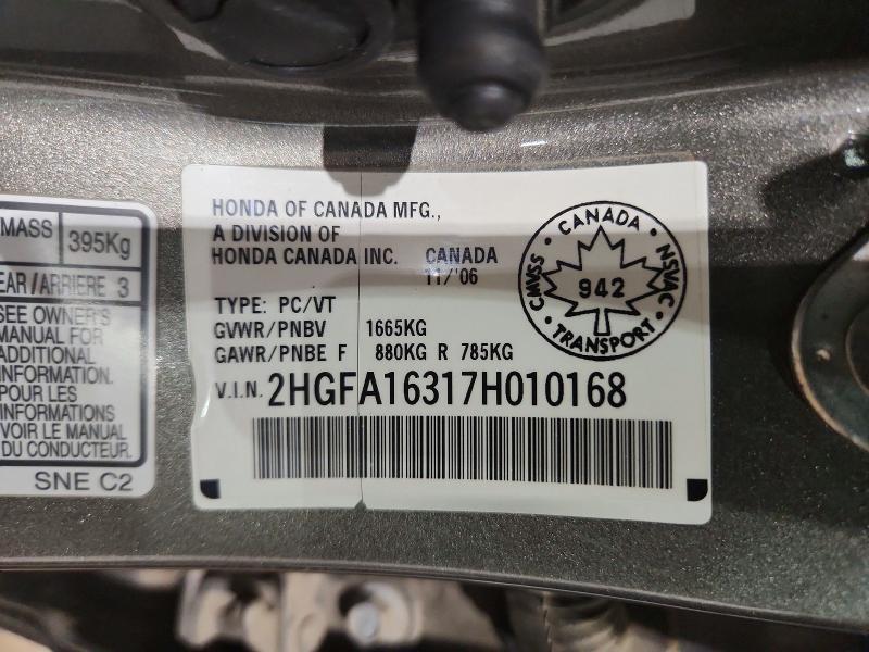 2007 Honda Civic მანქანა იყიდება აუქციონზე, vin: 2HGFA16317H010168, აუქციონის ნომერი: 48145086