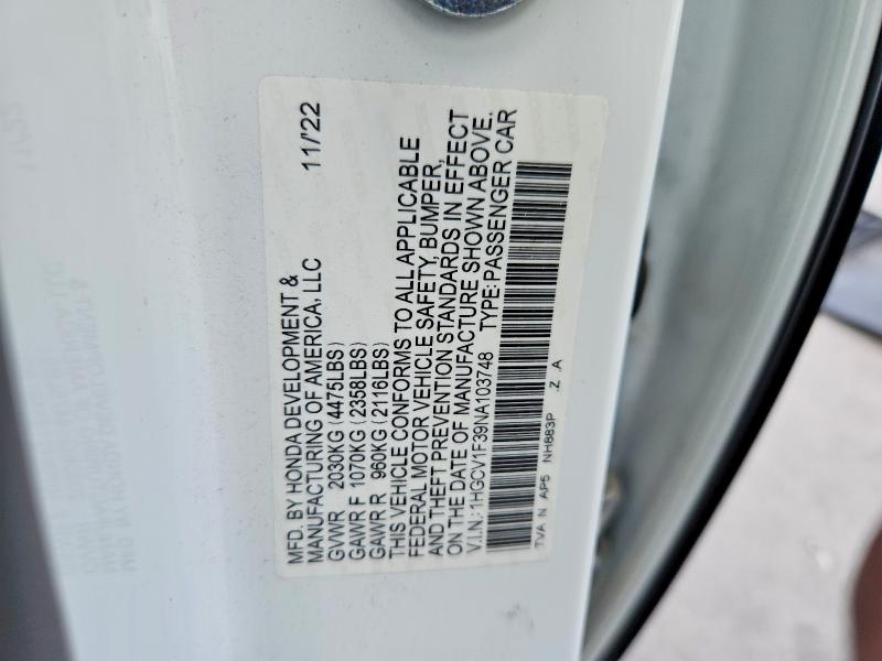 2022 Honda Accord მანქანა იყიდება აუქციონზე, vin: 1HGCV1F39NA103748, აუქციონის ნომერი: 47946726