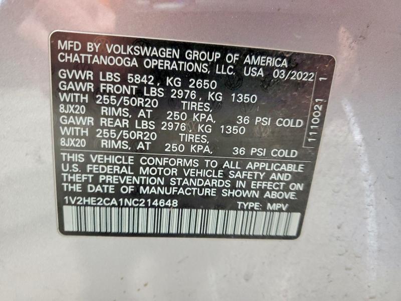 Auction sale of the 2022 Volkswagen Atlas Cross Sport, vin: 1V2HE2CA1NC214648, lot number: 47837516