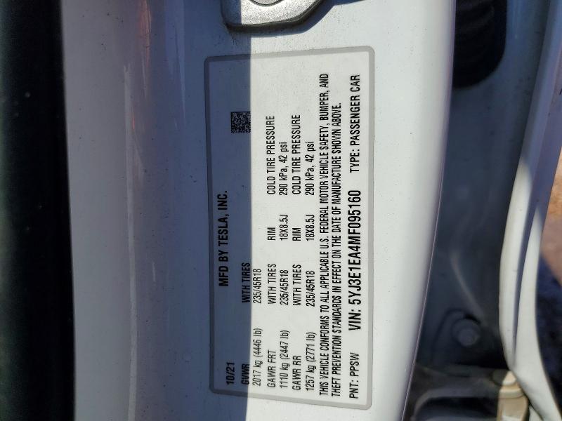 79648185 :رقم المزاد ، 5YJ3E1EA4MF095160 vin ، 2021 Tesla Model 3 مزاد بيع
