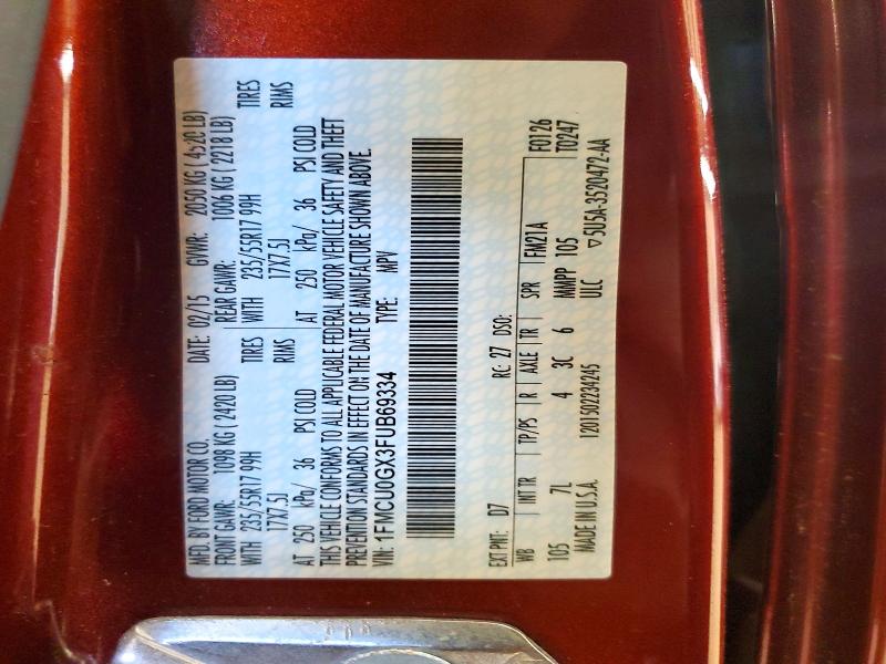 2015 Ford Escape მანქანა იყიდება აუქციონზე, vin: 1FMCU0GX3FUB69334, აუქციონის ნომერი: 46892566