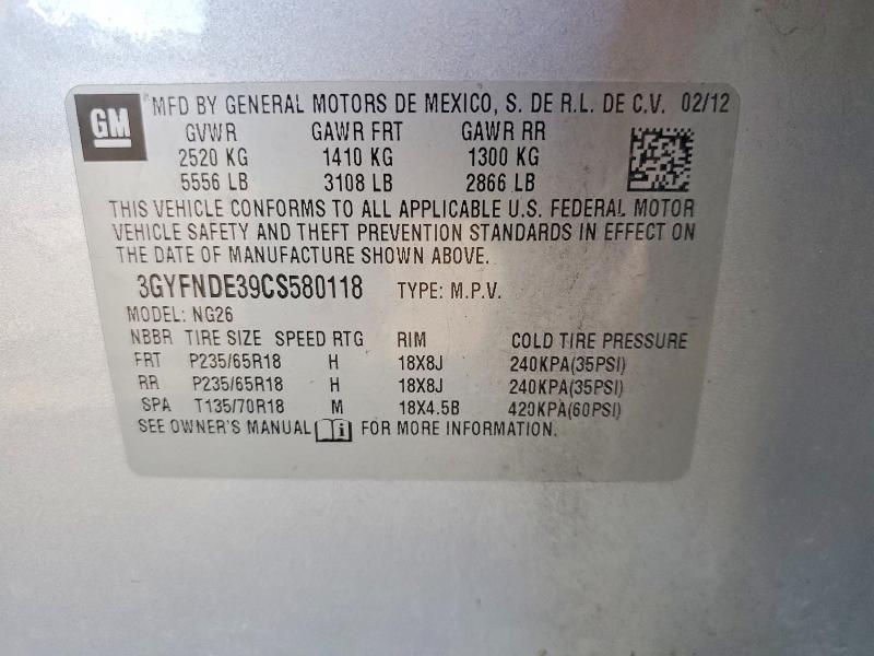 47237936 :رقم المزاد ، 3GYFNDE39CS580118 vin ، 2012 Cadillac Srx مزاد بيع