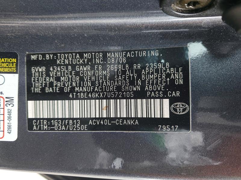 Продаж на аукціоні авто 2007 Toyota Camry, vin: 4T1BE46KX7U572105, номер лоту: 78245685