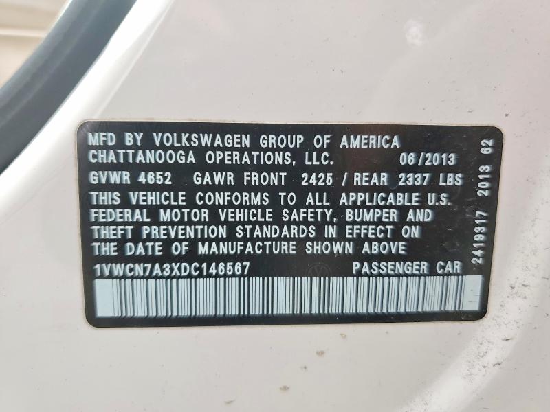 2013 Volkswagen Passat მანქანა იყიდება აუქციონზე, vin: 1VWCN7A3XDC146567, აუქციონის ნომერი: 46636386