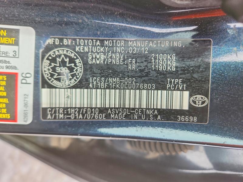 Продажа на аукционе авто 2012 Toyota Camry, vin: 4T1BF1FK0CU076803, номер лота: 46518516