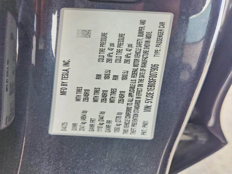 2025 Tesla Model 3 მანქანა იყიდება აუქციონზე, vin: 5YJ3E1EB0SF007906, აუქციონის ნომერი: 79206985