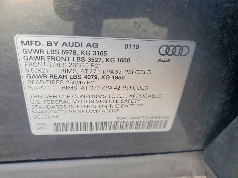 Продажа на аукционе авто 2019 Audi E-tron, vin: WA1VAAGE2KB005762, номер лота: 47081946