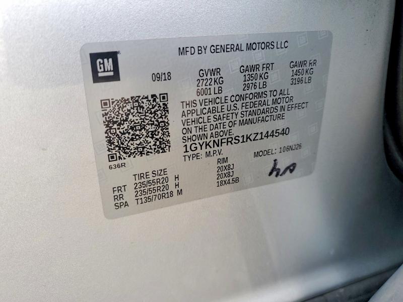 2019 Cadillac Xt5 მანქანა იყიდება აუქციონზე, vin: 1GYKNFRS1KZ144540, აუქციონის ნომერი: 46746176