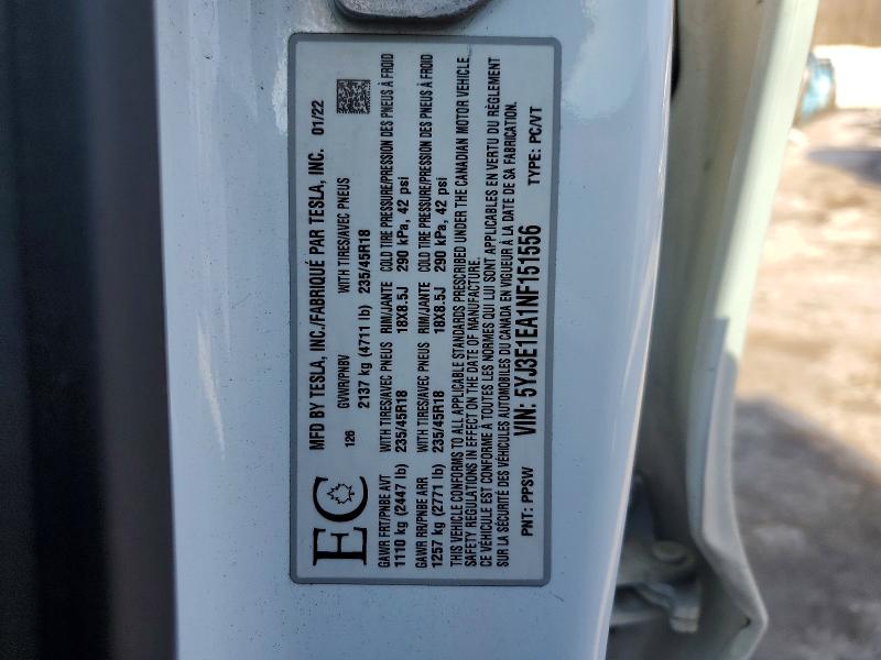 76713245 :رقم المزاد ، 5YJ3E1EA1NF151556 vin ، 2022 Tesla Model 3 مزاد بيع