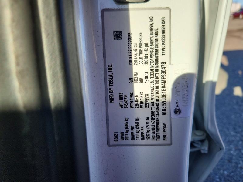 Aukcja sprzedaży 2021 Tesla Model 3, vin: 5YJ3E1EA4MF930478, numer aukcji: 41584216