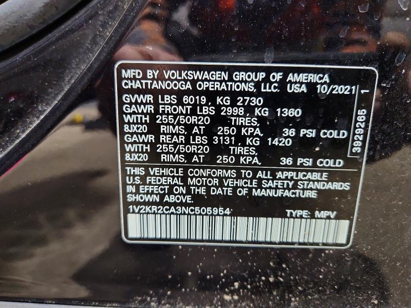 2022 Volkswagen Atlas მანქანა იყიდება აუქციონზე, vin: 1V2KR2CA3NC505954, აუქციონის ნომერი: 45644196