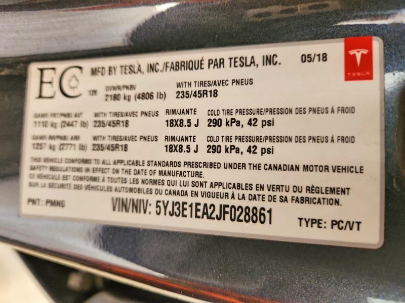 41596706 :رقم المزاد ، 5YJ3E1EA2JF028861 vin ، 2018 Tesla Model 3 مزاد بيع