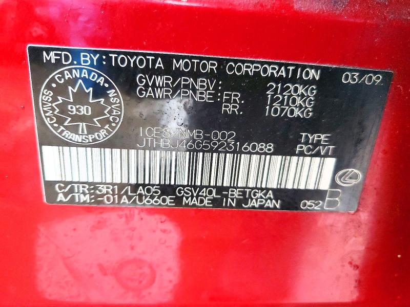 Aukcja sprzedaży 2009 Lexus Es 350, vin: JTHBJ46G592316088, numer aukcji: 79629915
