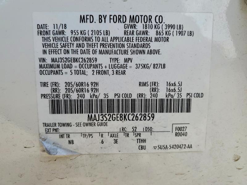 2019 Ford Ecosport მანქანა იყიდება აუქციონზე, vin: MAJ3S2GE8KC262859, აუქციონის ნომერი: 47530806