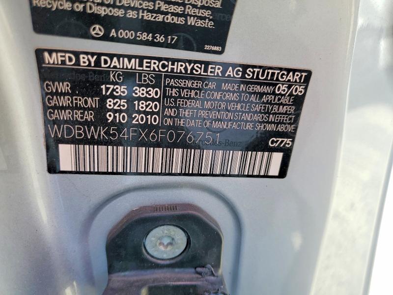 Продажа на аукционе авто 2006 Mercedes Benz Slk, vin: WDBWK54FX6F076751, номер лота: 46064156