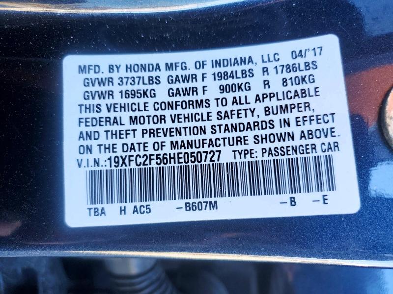 2017 Honda Civic მანქანა იყიდება აუქციონზე, vin: 19XFC2F56HE050727, აუქციონის ნომერი: 79785495