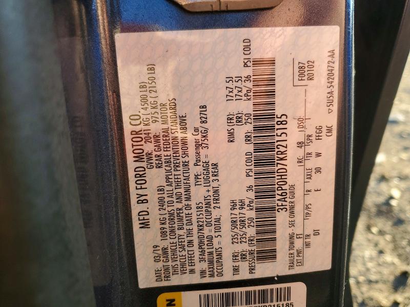 78549635 :رقم المزاد ، 3FA6P0HD7KR215185 vin ، 2019 Ford Fusion مزاد بيع