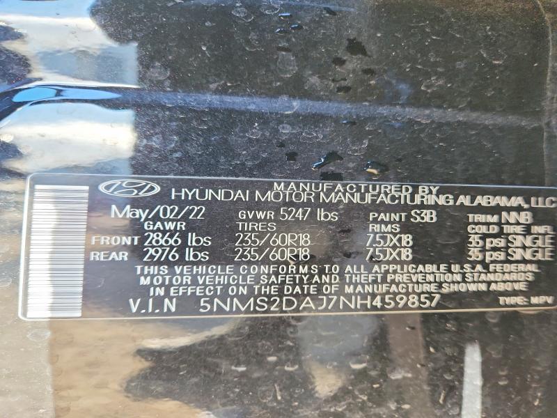 47116046 :رقم المزاد ، 5NMS2DAJ7NH459857 vin ، 2022 Hyundai Santa Fe مزاد بيع
