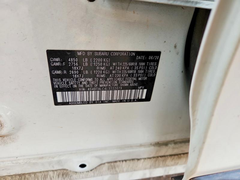 2020 Subaru Outback მანქანა იყიდება აუქციონზე, vin: 4S4BTALC4L3222079, აუქციონის ნომერი: 45951376