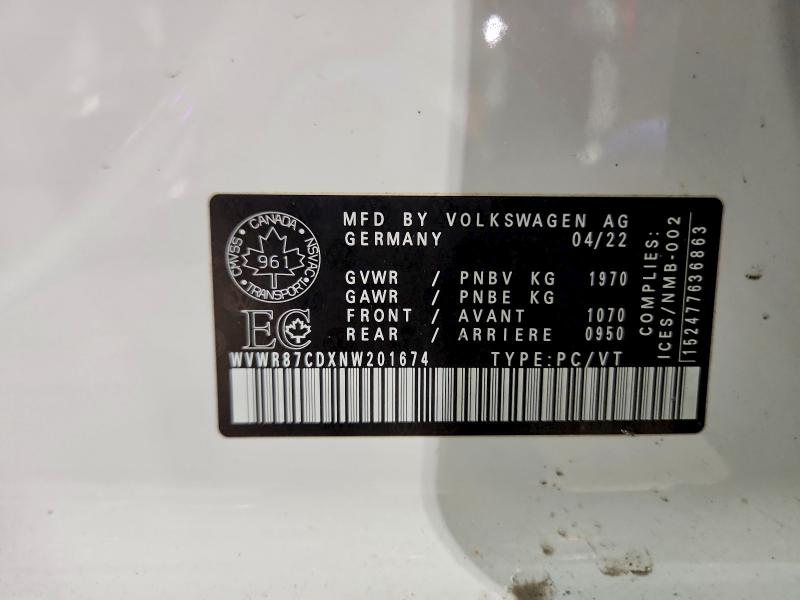 2022 Volkswagen Gti მანქანა იყიდება აუქციონზე, vin: WVWR87CDXNW201674, აუქციონის ნომერი: 45643796