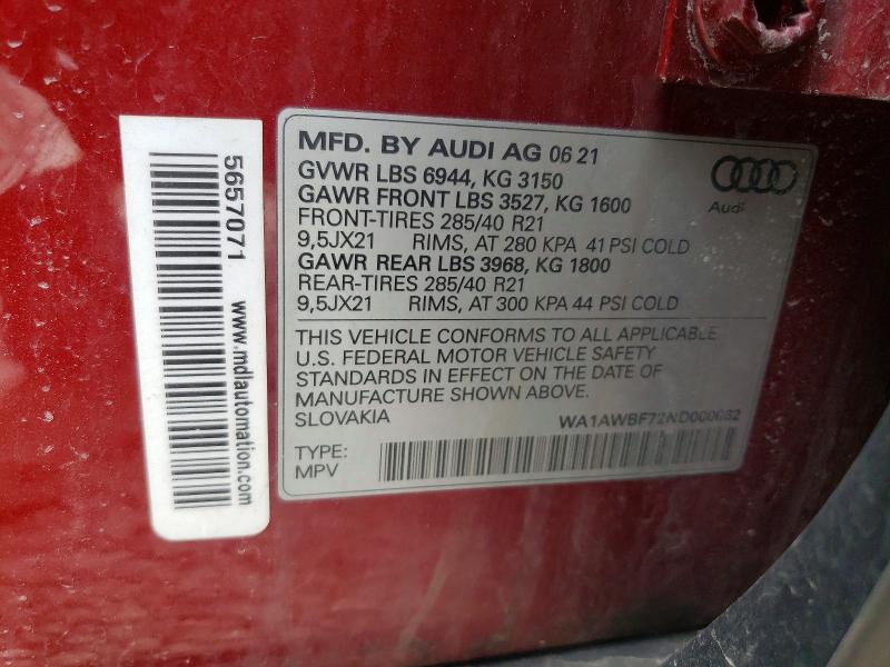 Aukcja sprzedaży 2022 Audi Sq7, vin: WA1AWBF72ND000062, numer aukcji: 46521676