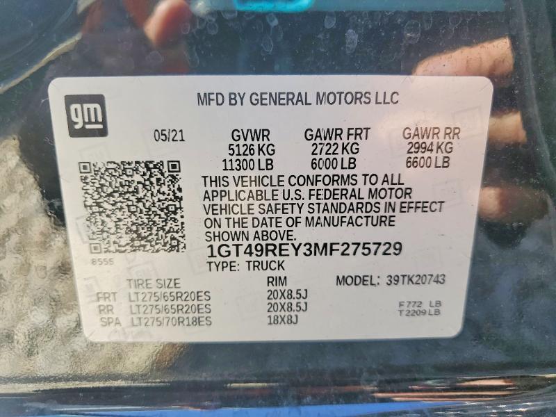 Продаж на аукціоні авто 2021 Gmc Sierra, vin: 1GT49REY3MF275729, номер лоту: 46930336