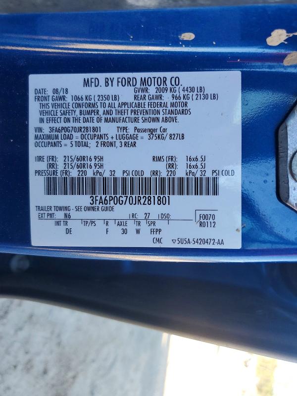 2018 Ford Fusion მანქანა იყიდება აუქციონზე, vin: 3FA6P0G70JR281801, აუქციონის ნომერი: 45619896