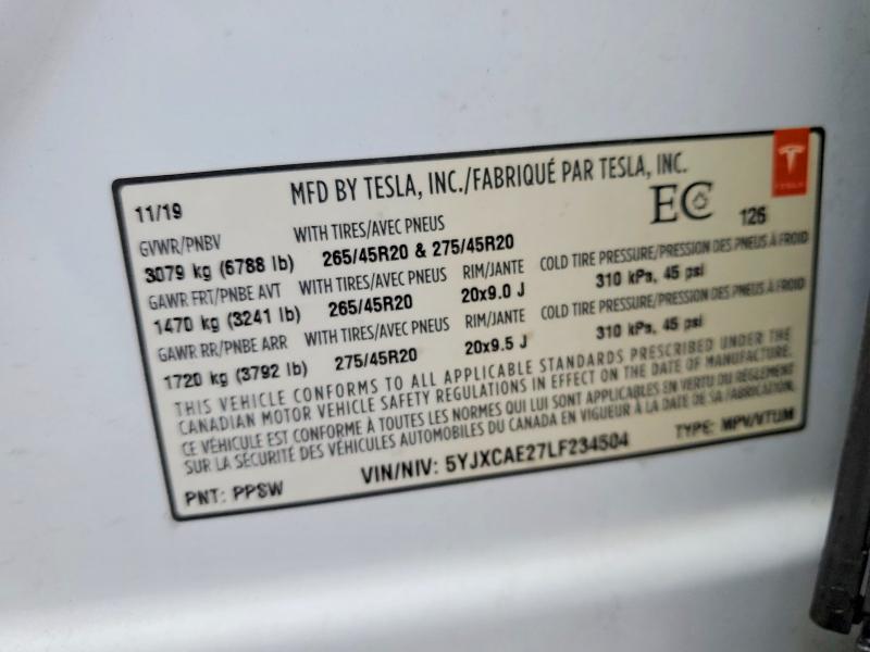 2020 Tesla Model X მანქანა იყიდება აუქციონზე, vin: 5YJXCAE27LF234504, აუქციონის ნომერი: 79593885