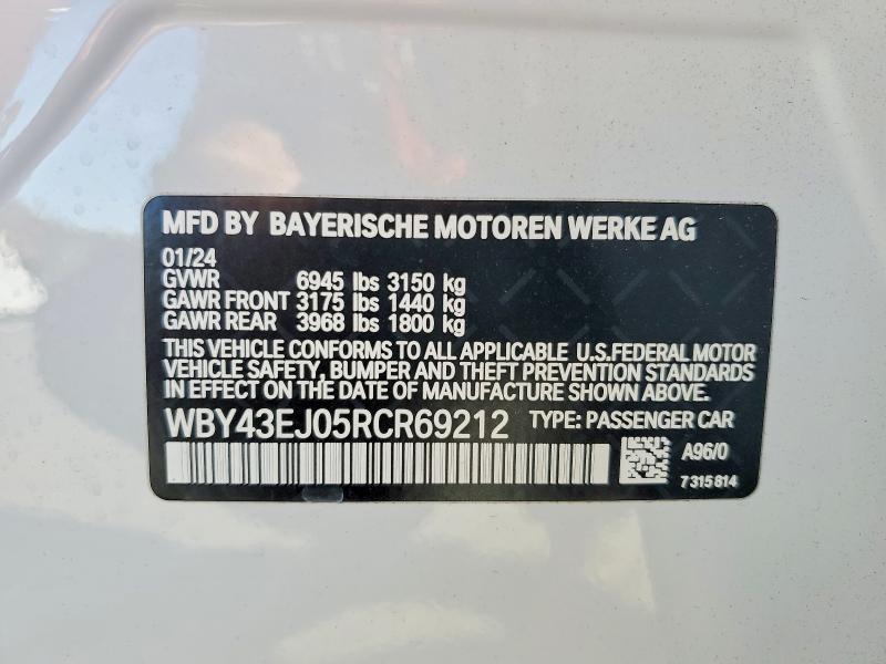 2024 Bmw I7 მანქანა იყიდება აუქციონზე, vin: WBY43EJ05RCR69212, აუქციონის ნომერი: 45788766