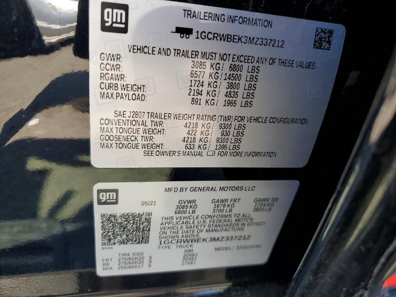 47906026 :رقم المزاد ، 1GCRWBEK3MZ337212 vin ، 2021 Chevrolet Silver1500 مزاد بيع