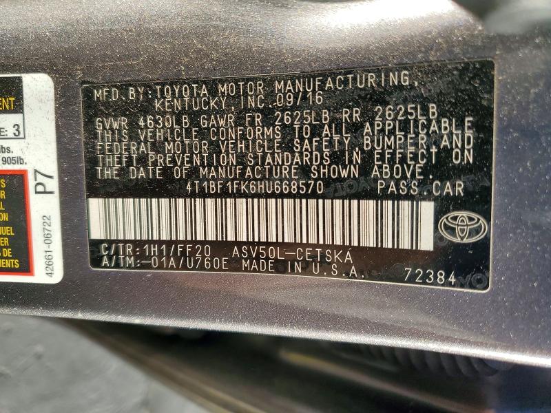 Продажа на аукционе авто 2017 Toyota Camry, vin: 4T1BF1FK6HU668570, номер лота: 46559626