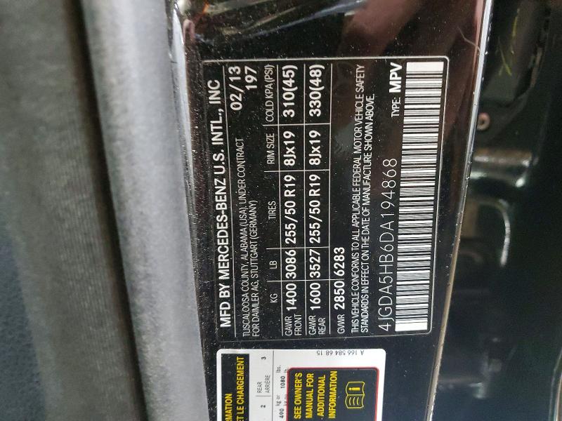 2013 Mercedes-benz Ml მანქანა იყიდება აუქციონზე, vin: 4JGDA5HB6DA194868, აუქციონის ნომერი: 46827856