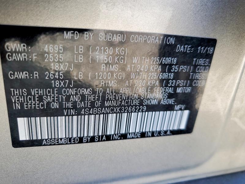 Продаж на аукціоні авто 2019 Subaru Outback, vin: 4S4BSANCXK3266229, номер лоту: 47096266