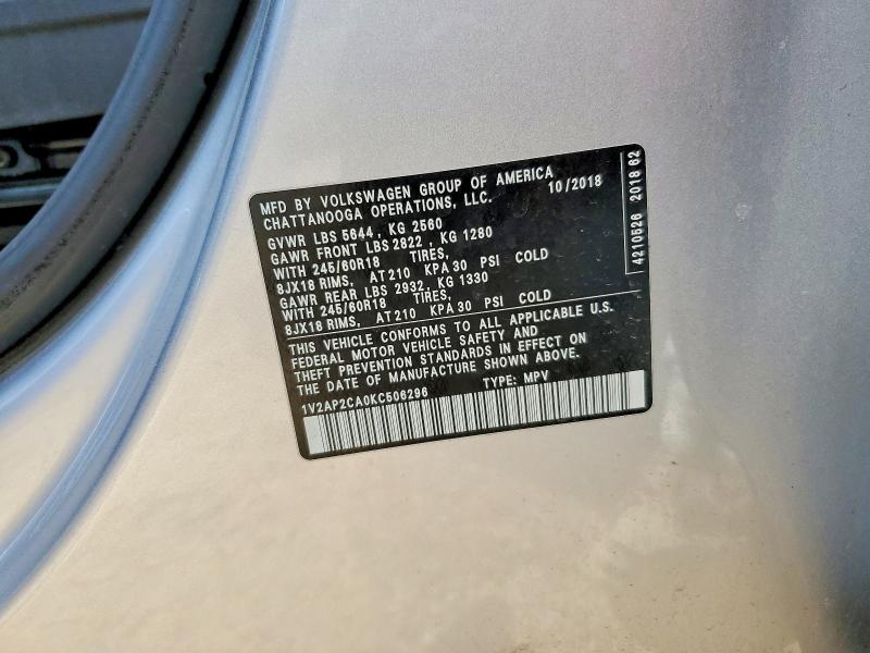 46157956 :رقم المزاد ، 1V2AP2CA0KC506296 vin ، 2019 Volkswagen Atlas مزاد بيع