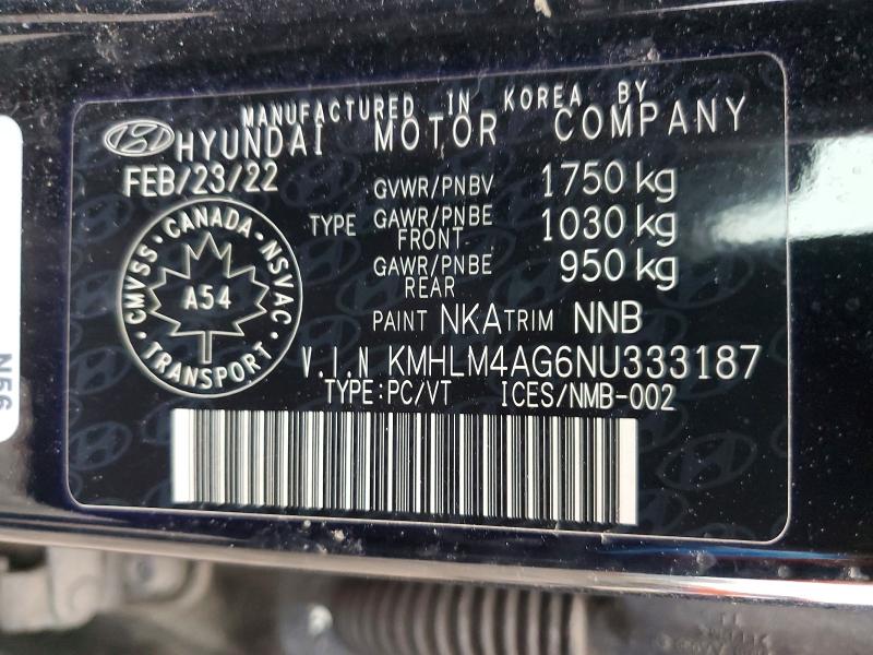 42073426 :رقم المزاد ، KMHLM4AG6NU333187 vin ، 2022 Hyundai Elantra مزاد بيع