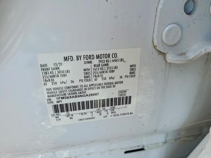 46981206 :رقم المزاد ، 1FM5K8AB9NGA28887 vin ، 2022 Ford Explorer مزاد بيع