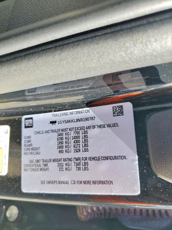 Продаж на аукціоні авто 2022 Cadillac Escalade, vin: 1GYS4KKL8NR190787, номер лоту: 46325616