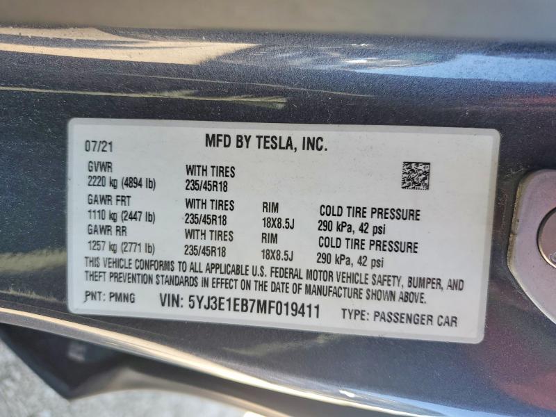 Aukcja sprzedaży 2021 Tesla Model 3, vin: 5YJ3E1EB7MF019411, numer aukcji: 41777076