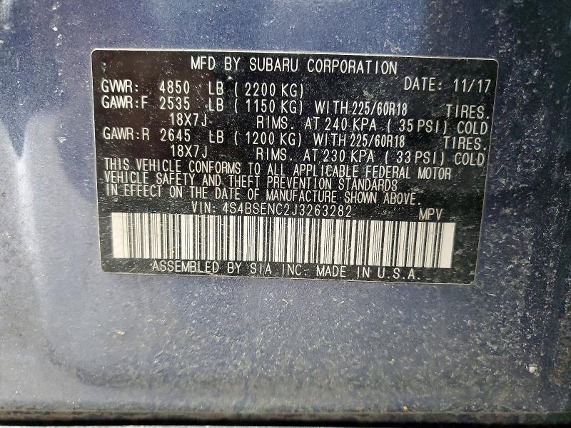 47076886 :رقم المزاد ، 4S4BSENC2J3263282 vin ، 2018 Subaru Outback مزاد بيع