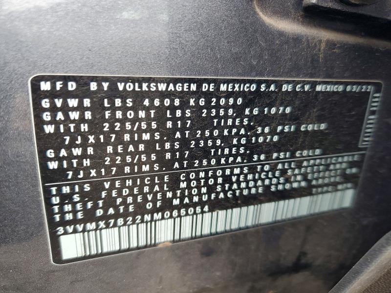 41661586 :رقم المزاد ، 3VVMX7B22NM065054 vin ، 2022 Volkswagen Taos مزاد بيع