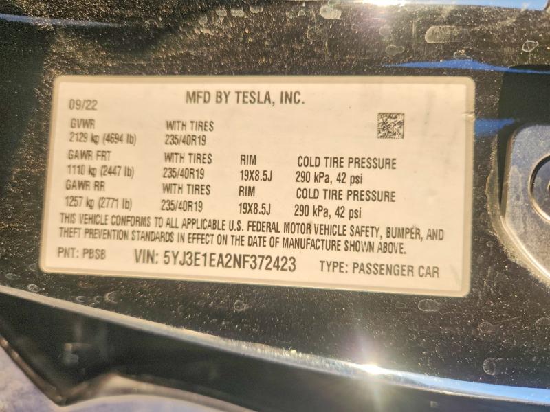 Продаж на аукціоні авто 2022 Tesla Model 3, vin: 5YJ3E1EA2NF372423, номер лоту: 46220266