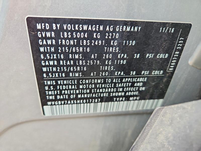 45655516 :رقم المزاد ، WVGBV7AX5HK017287 vin ، 2017 Volkswagen Tiguan مزاد بيع