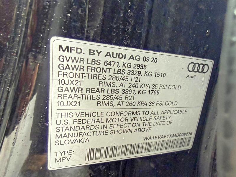 2021 Audi Q8 მანქანა იყიდება აუქციონზე, vin: WA1EVAF1XMD009276, აუქციონის ნომერი: 41907156