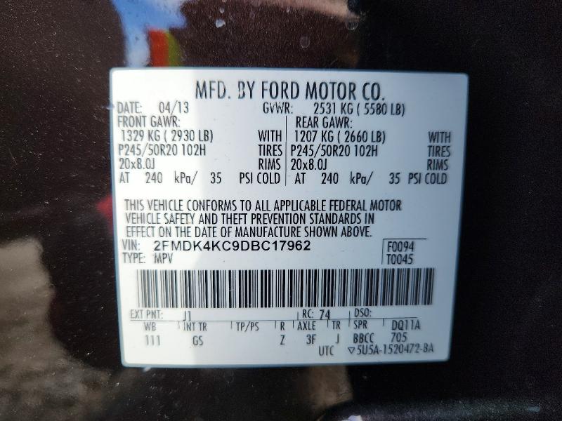 2013 Ford Edge Limit მანქანა იყიდება აუქციონზე, vin: 2FMDK4KC9DBC17962, აუქციონის ნომერი: 78357005